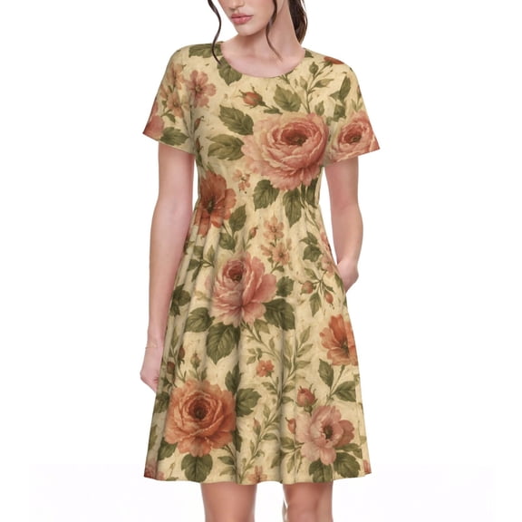 Vintage Rose Floral Dresses Short Sleeve Nightdresses for Women