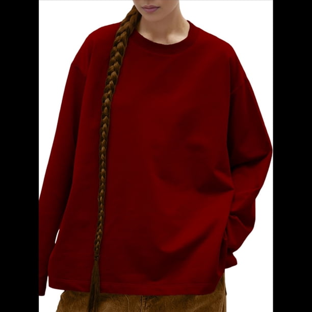 Camisetas de Larga Extragrandes para Mujer 2025, Camisetas Básicas de Cuello Redondo, Tops de Otoño, Ropa Informal de Entrenamiento Y2K Vino Tinto L