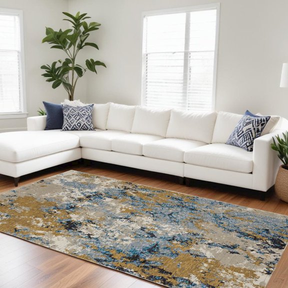 6' X 9' Gold Grey And Ivory Abstract Power Loom Stain Resistant Area Rug