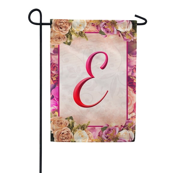 America Forever Spring Monogram Garden Flag Letter E 12.5 x 18 inches Double Sided Vertical Outdoor, Yard, Lawn, Beautiful Floral Design, Garland, Roses and Summer Flowers Garden Flag