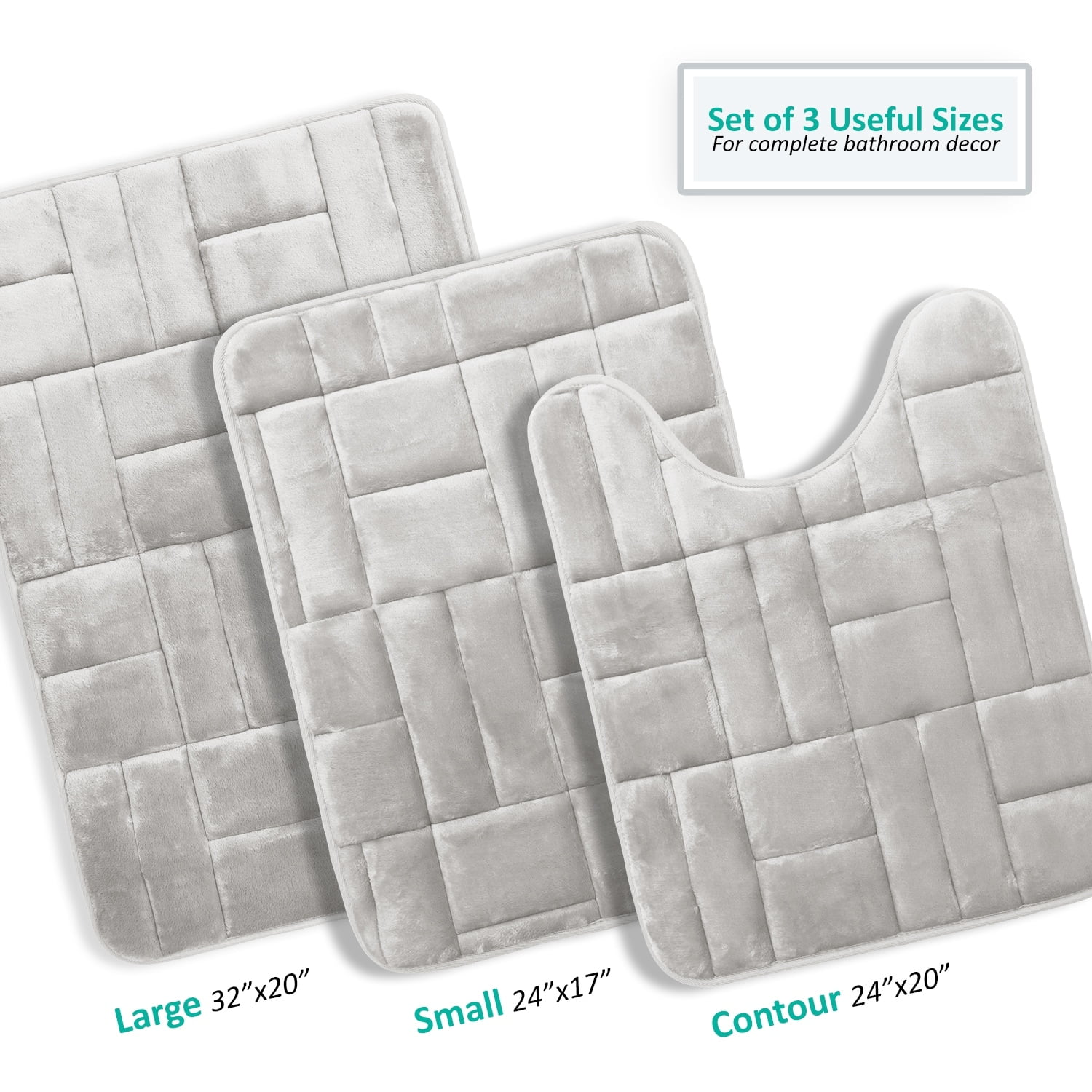 Clara Clark Ultra Soft Non Slip and Absorbent Bath Rug - Tiled Velvet Memory Foam Bath Mat Teal Small-Large-Contour (3PK)