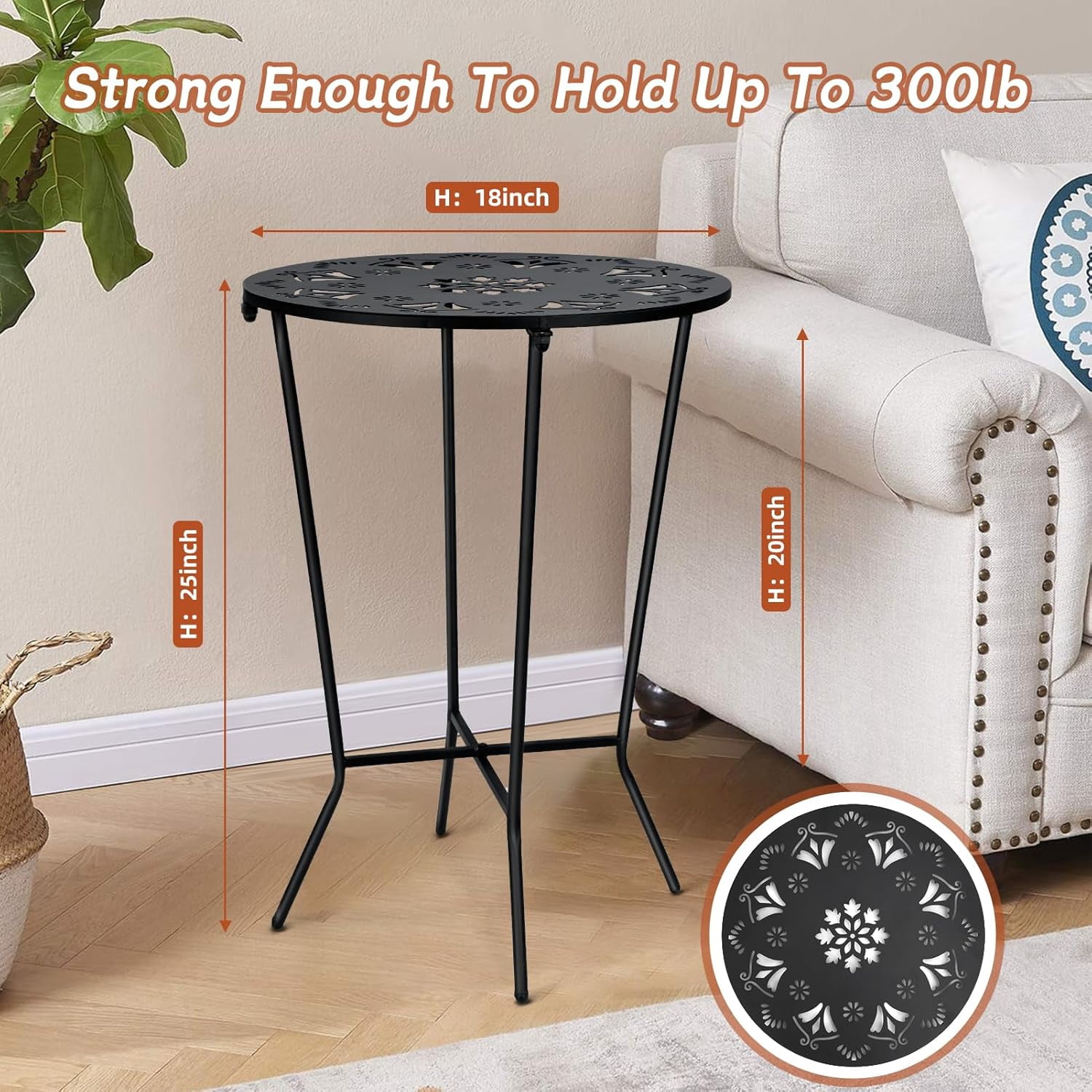 KABB Tall Durable Rustproof Iron Side Table, Weather Resistant Outdoor End Table for Garden, Balcony, Yard