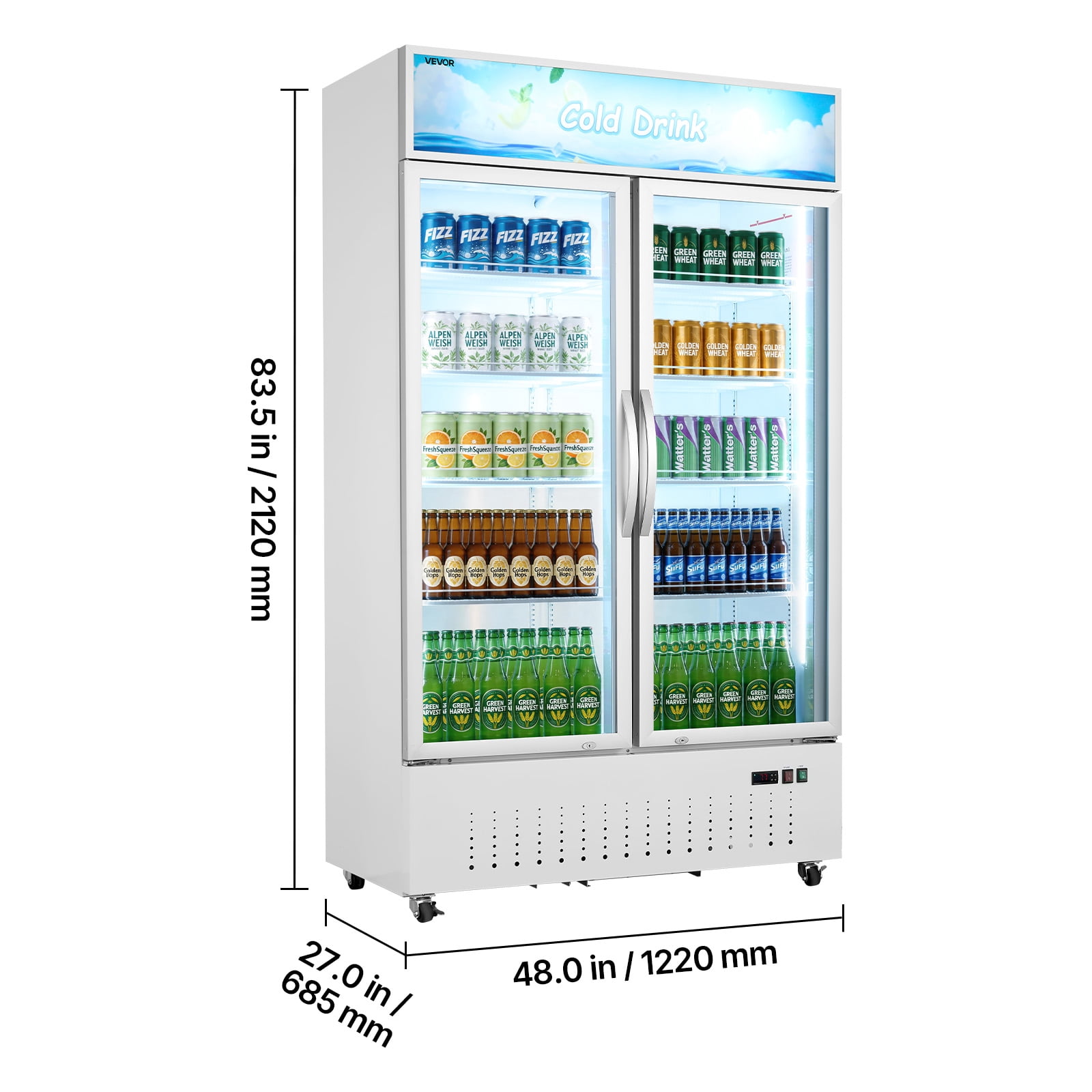 VEVOR Commercial Merchandiser Refrigerator, 35.3 Cu.Ft / 1000L Upright Beverage Cooler, 2 Glass Door Display Refrigerator with Customizable Lightbox, 8 Adjustable Shelves, Soft LED Lighting & Casters