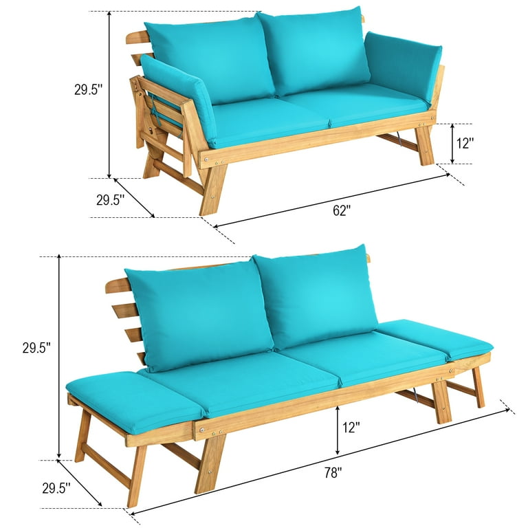 Topbuy Outdoor Folding Daybed Patio Acacia Wood Convertible Couch Sofa Bed Turquoise