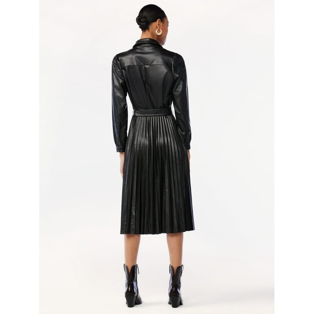 knee length dresses for ladies Women's One of None Pleated Faux Leather Dress in Magenta main image 1