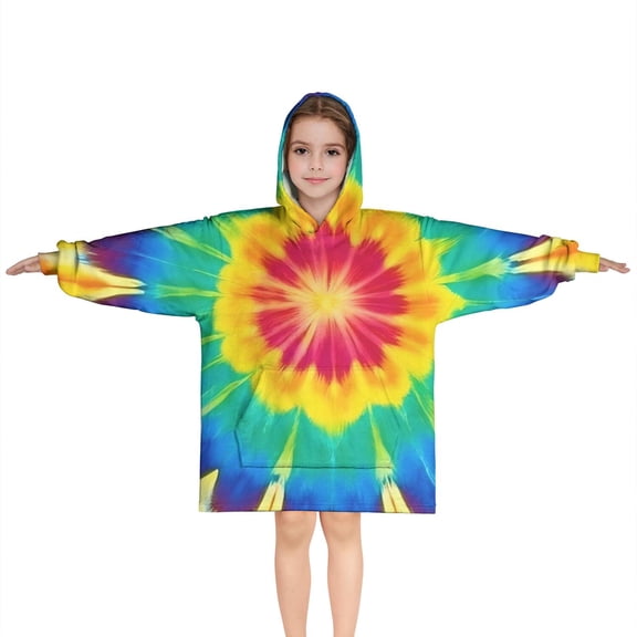 Colorful Rainbow Tie Dye Spiral Pattern Blanket Hoodies for Kids 6-13YR Oversize Wearable Blanket Hoodies for Boys Girls Teens