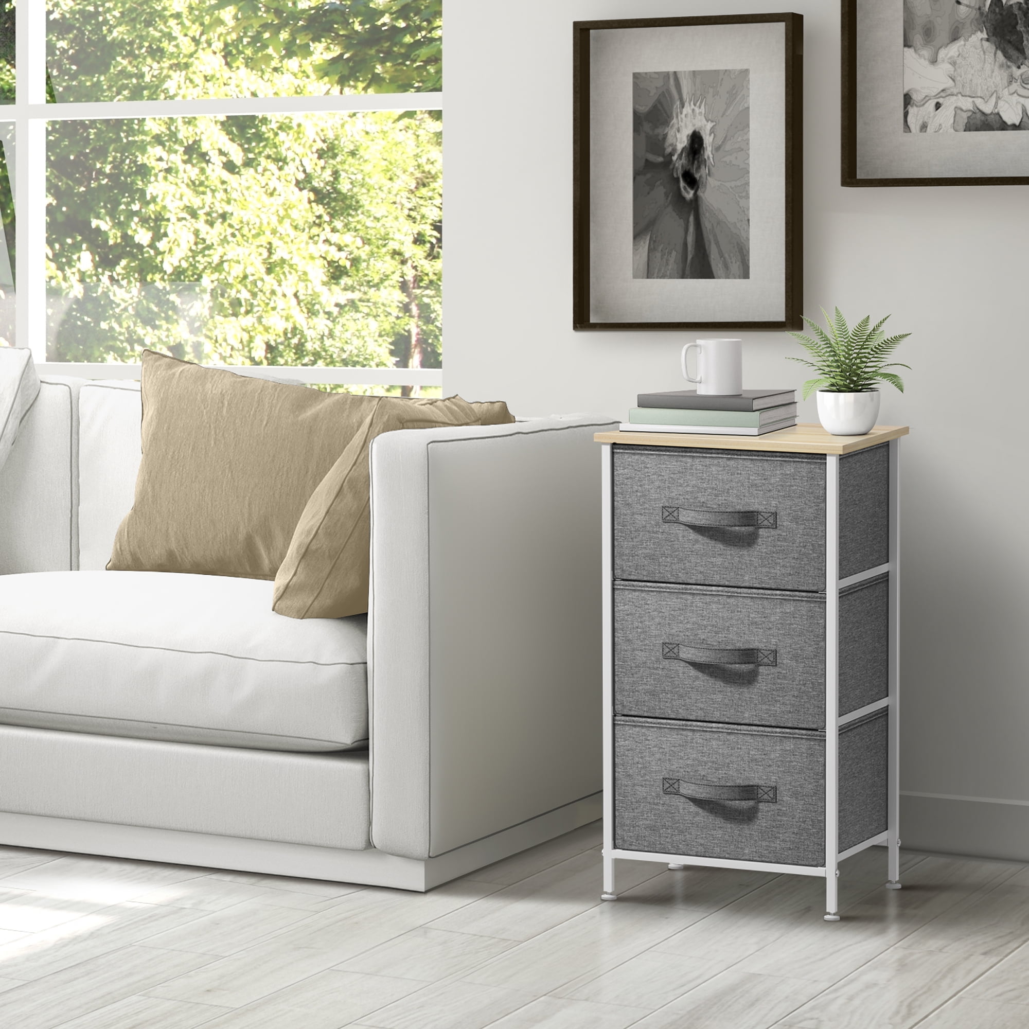 Sorbus 3-Drawer Nightstand with Steel Frame, Wood Top, Fabric Bins, Beige