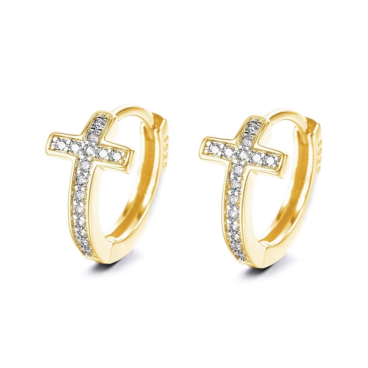 Amy and Annette 14K Gold Plated Cross Huggie Earring with Genuine Crystals