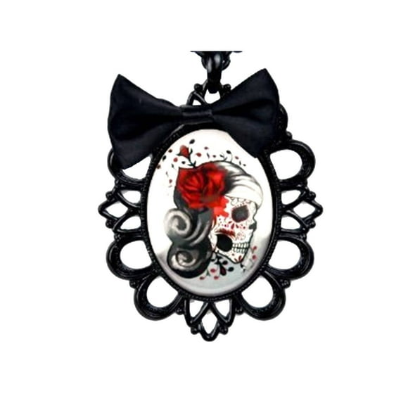 Day of the Dead Skeleton Girl Necklace Black Bow Red Rose Halloween Cosplay