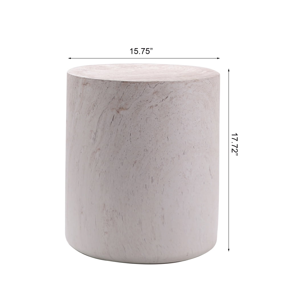 31.5" Round Drum Coffee Table, Light Travertine Finish Magnesium Oxide Table, Weather Resistant Indoor Outdoor Accent Table