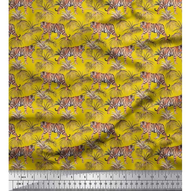Soimoi Polyester Crepe Fabric Leaves & Tiger Jungle Decor Fabric Printed Yard 52 Inch Wide