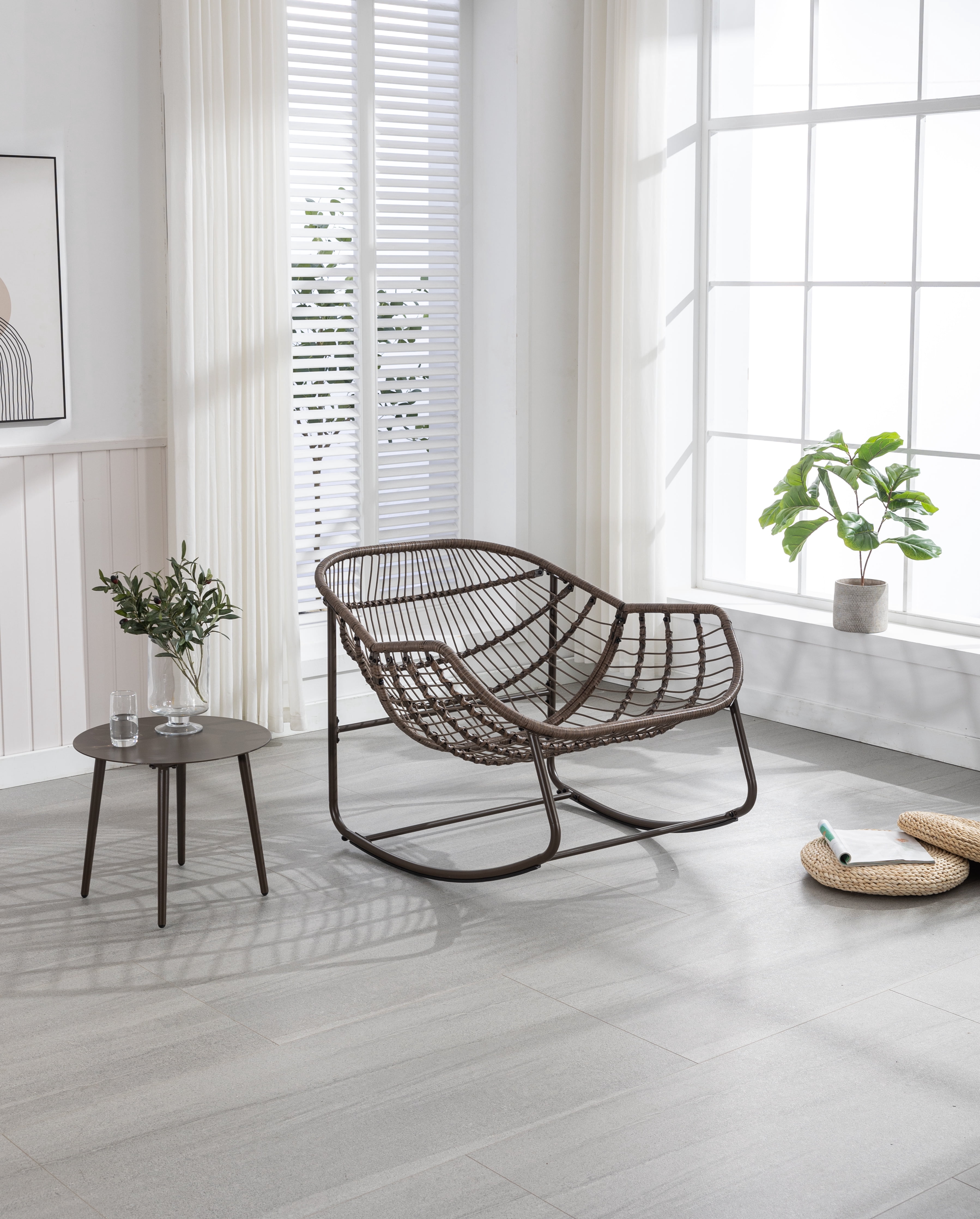 Outdoor Rattan Rocking Chair,Padded Cushion Rocker Recliner Chair Outdoor for Front Porch, Living Room, Patio, Garden, Grey