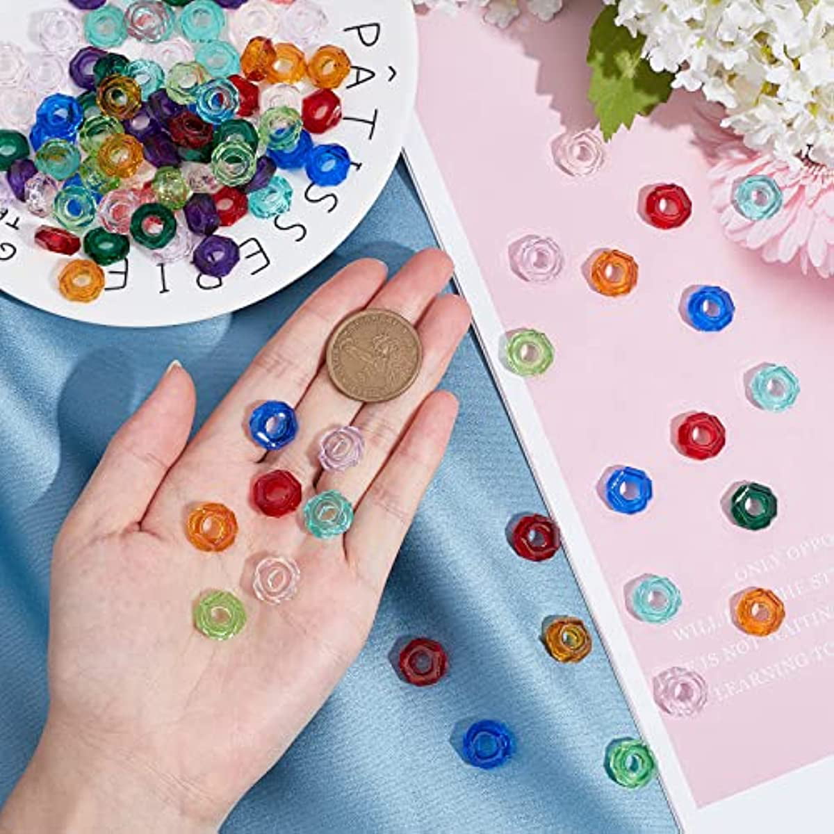 SUNNYCLUE 1 Box 100Pcs 10 Colors European Beads Resin Large Hole Spacer  Beads Rondelle Rhinestone Charms Beads for DIY Bracelet Jewelry Making  Craft, 14mm in Diameter, 9mm Thick, Hole: 5mm 