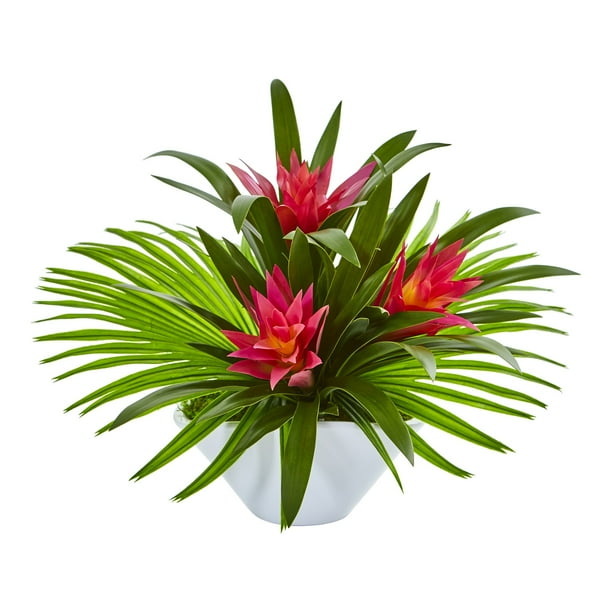 Nearly Natural Bromeliad Artificial Arrangement in Oval White Vase
