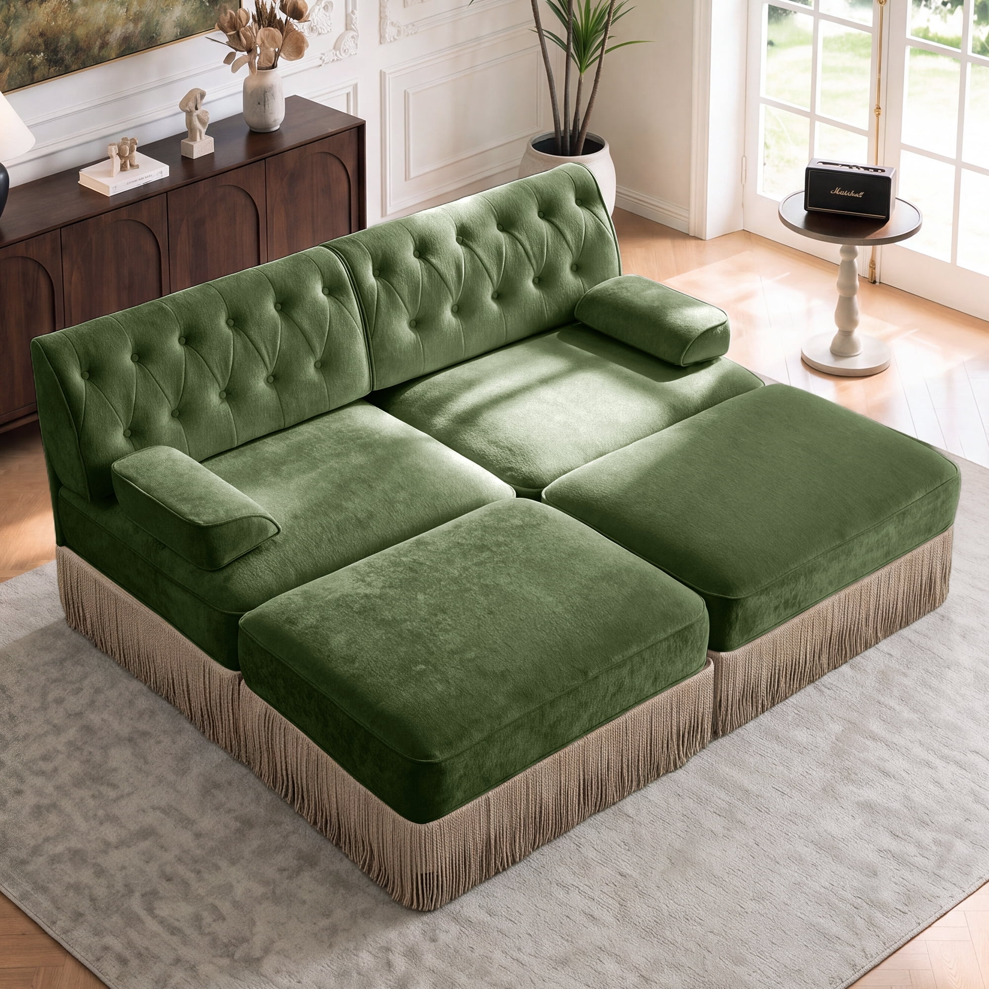 76.6" Chesterfield L-Shaped Modular Sectional Loveseat Sofa Set with 2 Ottoman and Tassel Skirt, Easy to Assemble
