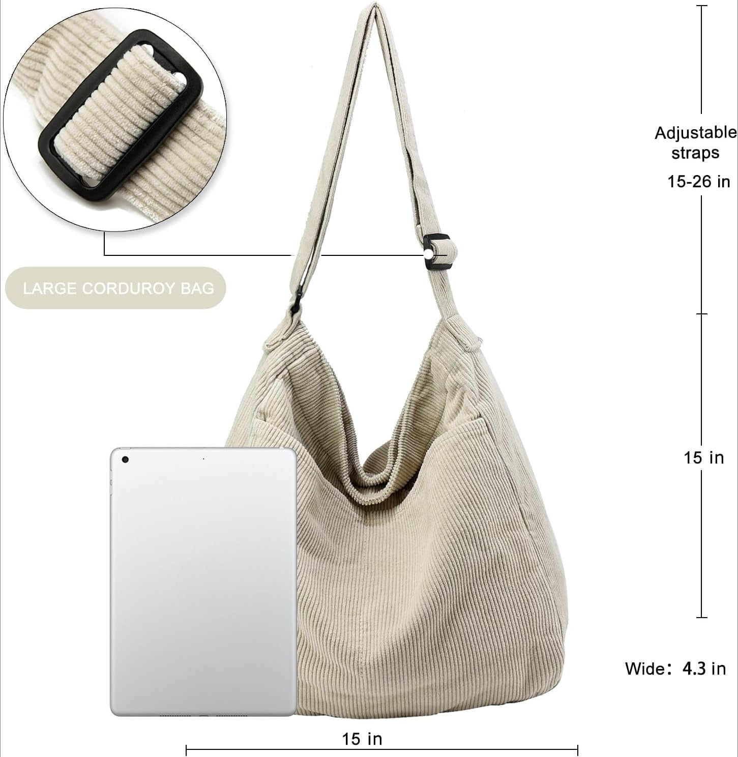 Lohol Canvas Tote Bag, Casual Hobo Crossbody Shoulder Bag for Women and Men, Large Purse for Travel and Work-White