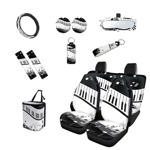 Yuyamidu Music Note Piano Car Seat Covers Set 13 Pcs Steering Wheel Cover Seat Belt Cover Trash Can Rear View Mirror Cover Cup Coasters Chapstick Holder Keychains Gifts for Men Woman