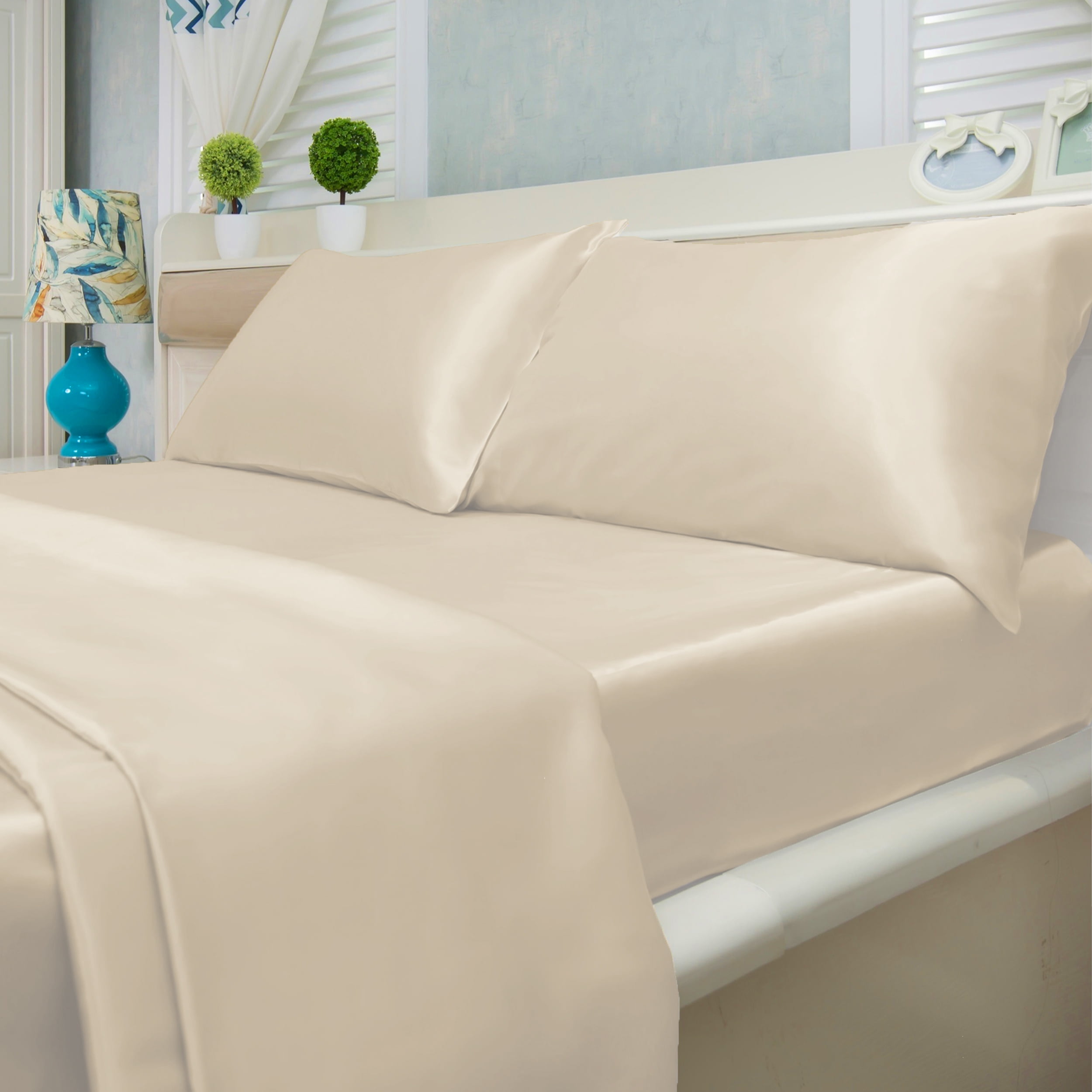 Silky Satin Bed Sheet Set 4-Piece (Ivory, Queen)