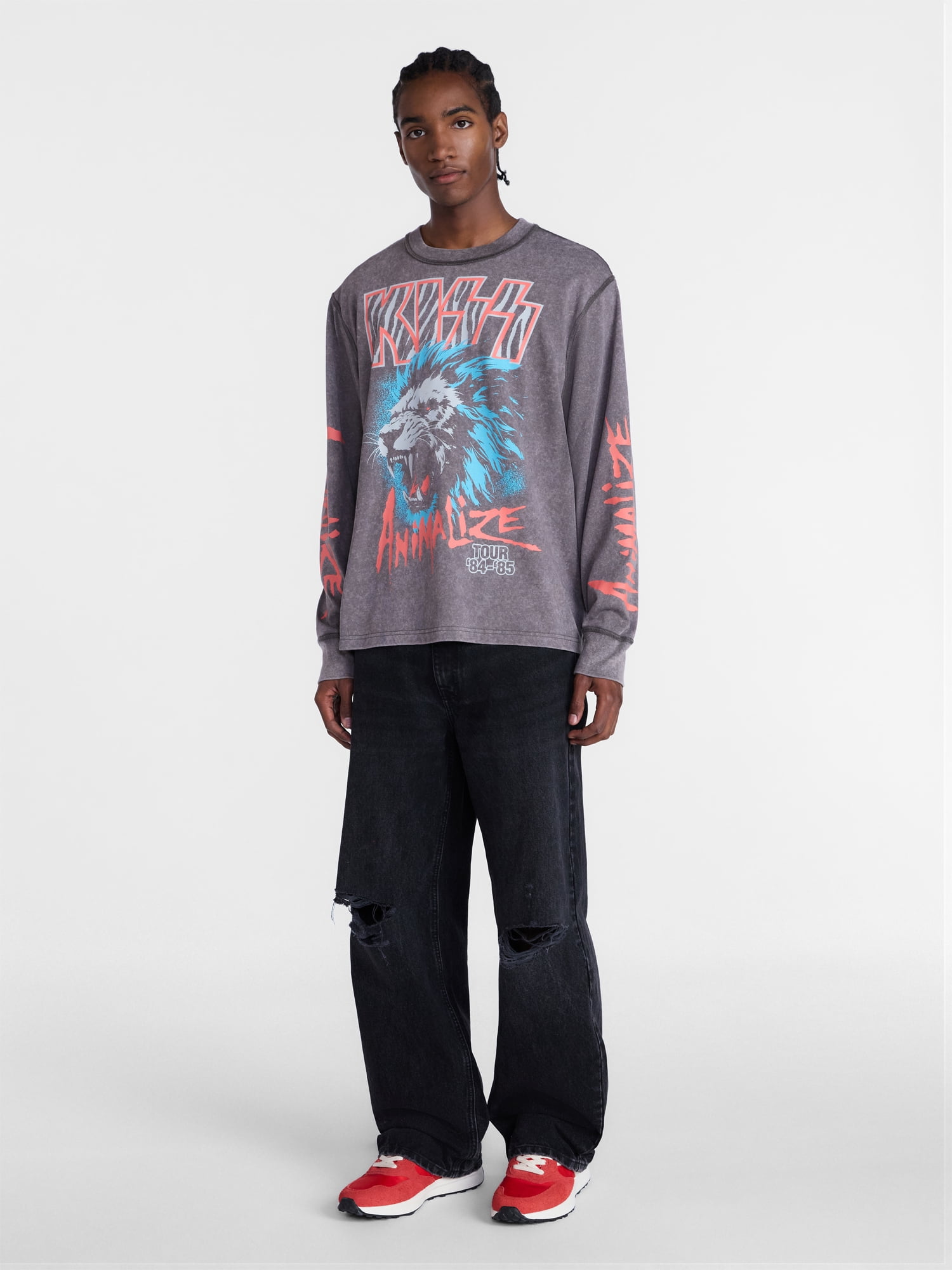 Kiss, Men's Mineral Wash Boxy Fit Graphic Long-sleeve Tee Shirt, Sizes XS-4XLT