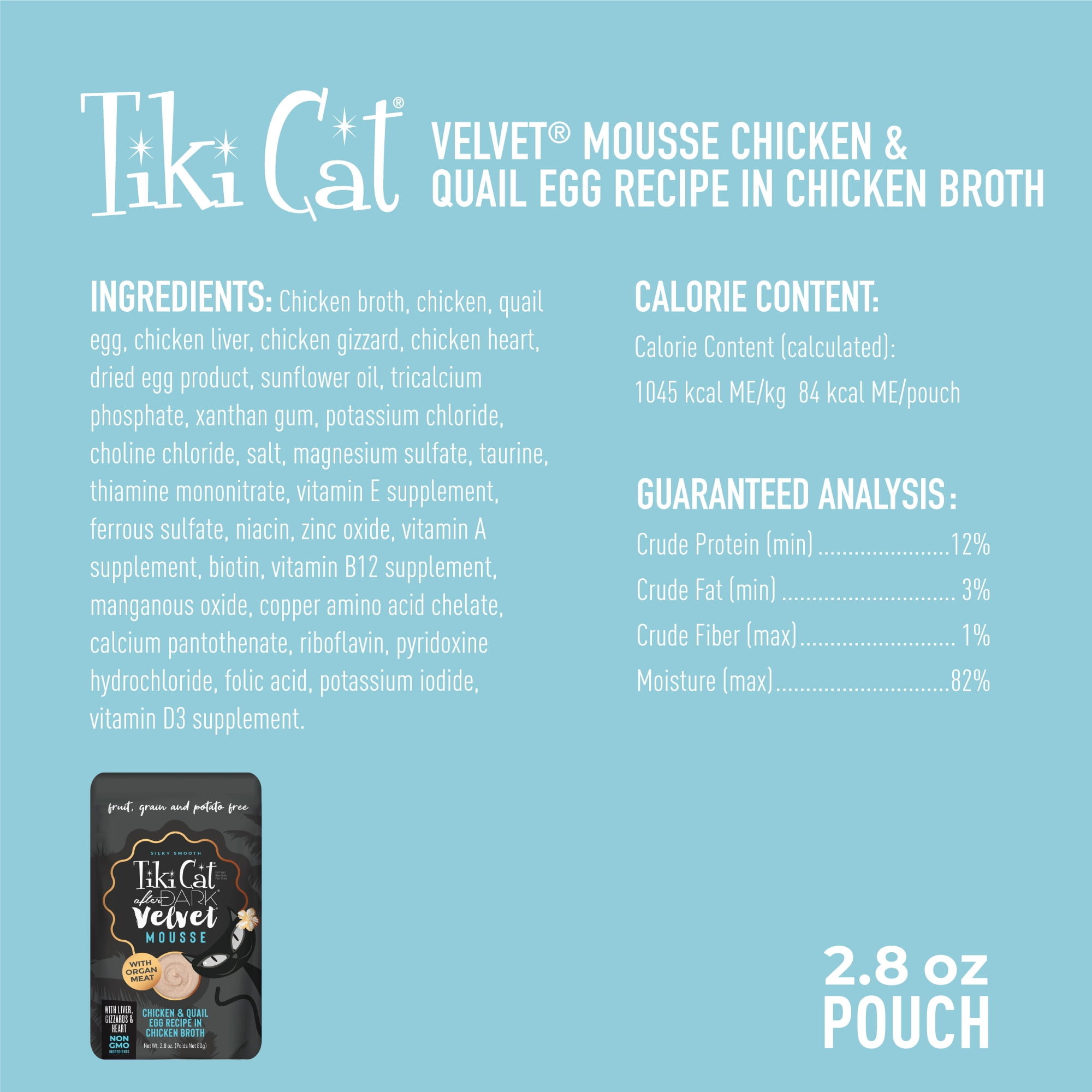 (6 pack) Tiki Cat After Dark Velvet Mousse Wet Cat Food, Chicken & Quail Egg, 2.8 oz. Pouch