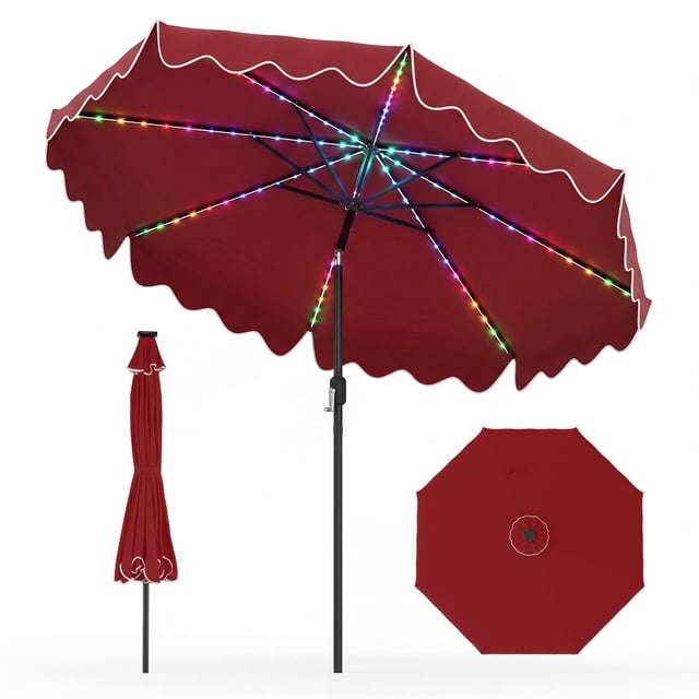 Gymax Solar Outdoor Market Table Umbrella w/104 Color-Changing Flowing LED Lights Red