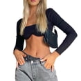 thumbnail image 5 of Douhoow Women's Rib Knit Crop Tops Long Sleeve Square Neck Solid Color Stretchy Super Short T-Shirt, 5 of 9