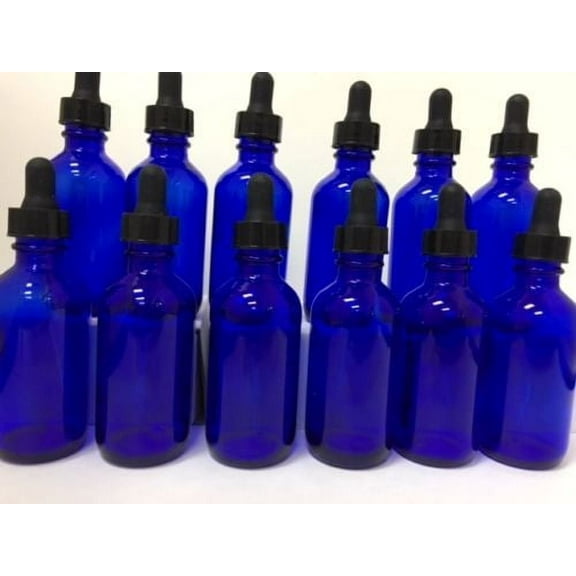 12 - 2oz Blue Glass Bottles with Glass Eye Dropper Dispenser for Essential Oils