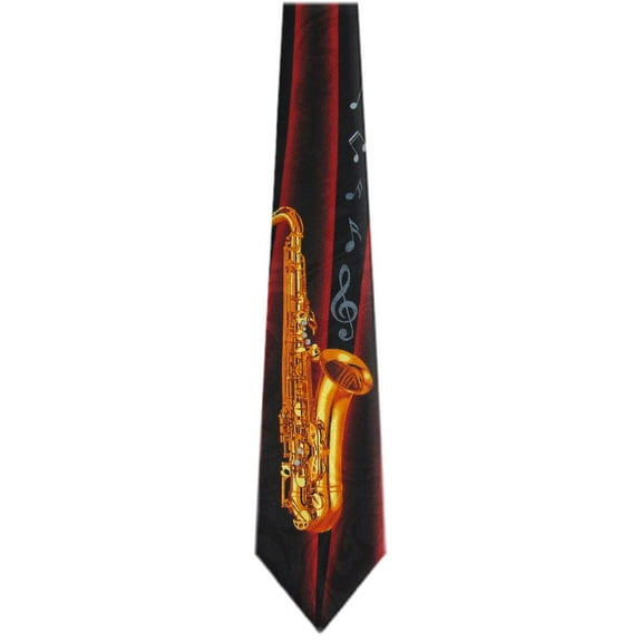 BuyYourTies - Mens Novelty Saxophone Necktie - Black Red Gold