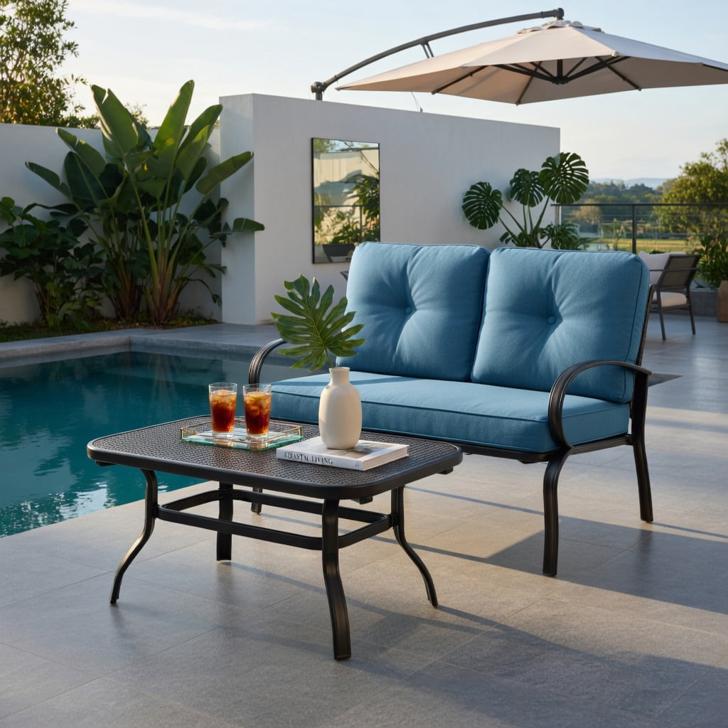 Hommoo 2-Piece Outdoor Patio Furniture Set, Cushioned Steel Loveseat & Coffee Table in Weather-Resistant, Easy-Clean Olefin Fabric, Navy