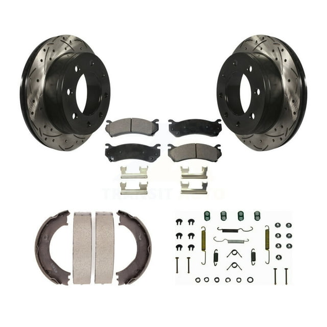 Transit Auto Rear Disc Drilled & Slotted Rotors Ceramic Pads Parking Brake Shoes Hardware Kit for Car Chevrolet GMC Silverado 1500 HD Suburban 2500 Sierra Yukon XL with Two Wheel Steering KDT-101816