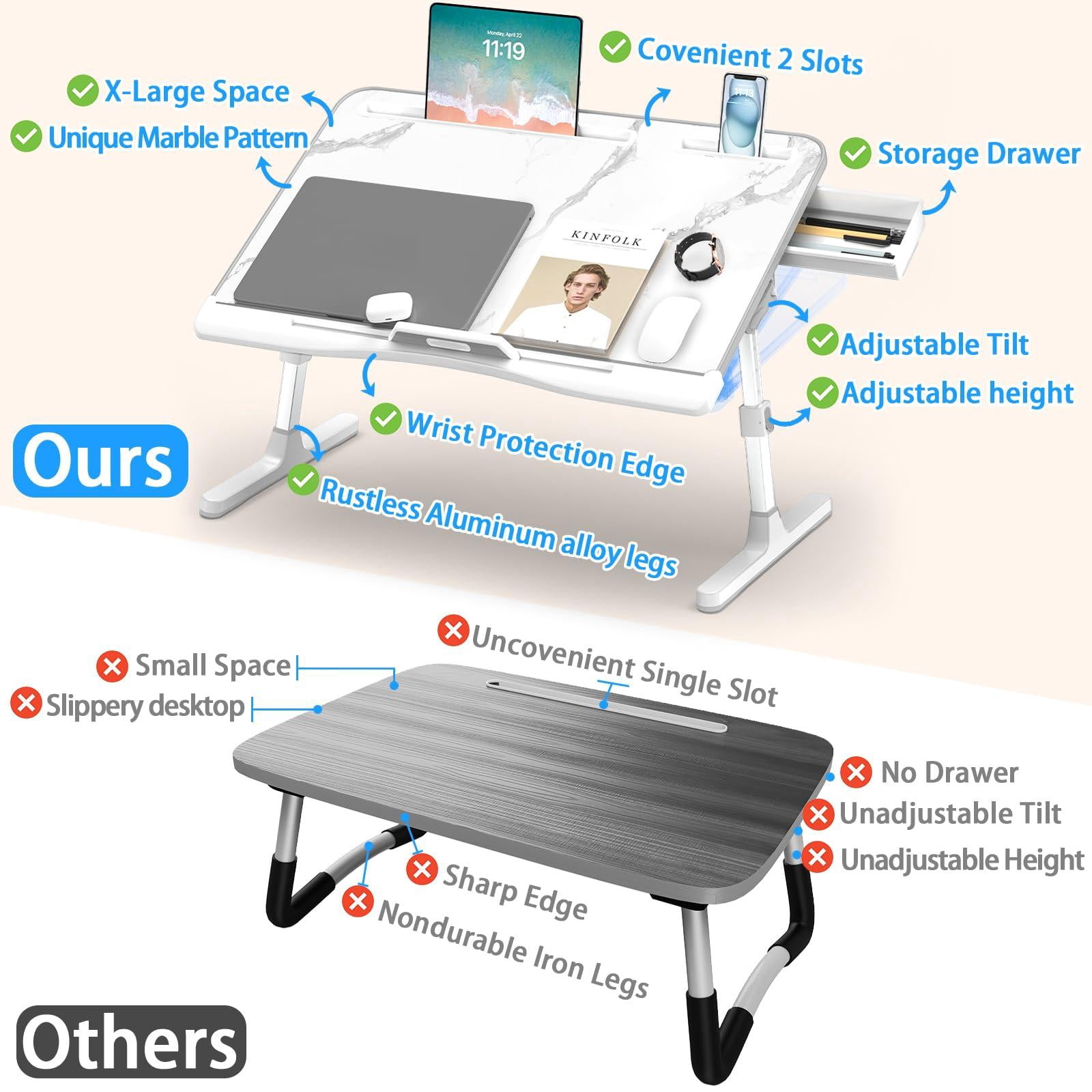 Laptop Bed Desk  Adjustable Lap With Drawer X-large Foldable Table Tray For Couch Floor Writing Working Reading Eating Painting (marble 23.6"*15.7")
