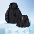 thumbnail image 2 of Hooded Sun Protection Jacket and Short Pants Suit for Men, Breathable Polyester Outdoor Fishing Exercise Set, Black S, 2 of 9