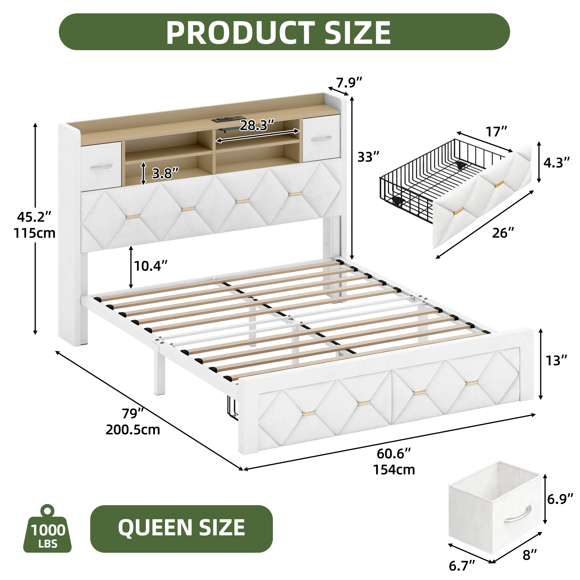 Uforic Upholstered Queen Size Bed Frame with Drawers & Storage Headboard, Velvet Bed Frame with LED Lights & Power Outlets, White