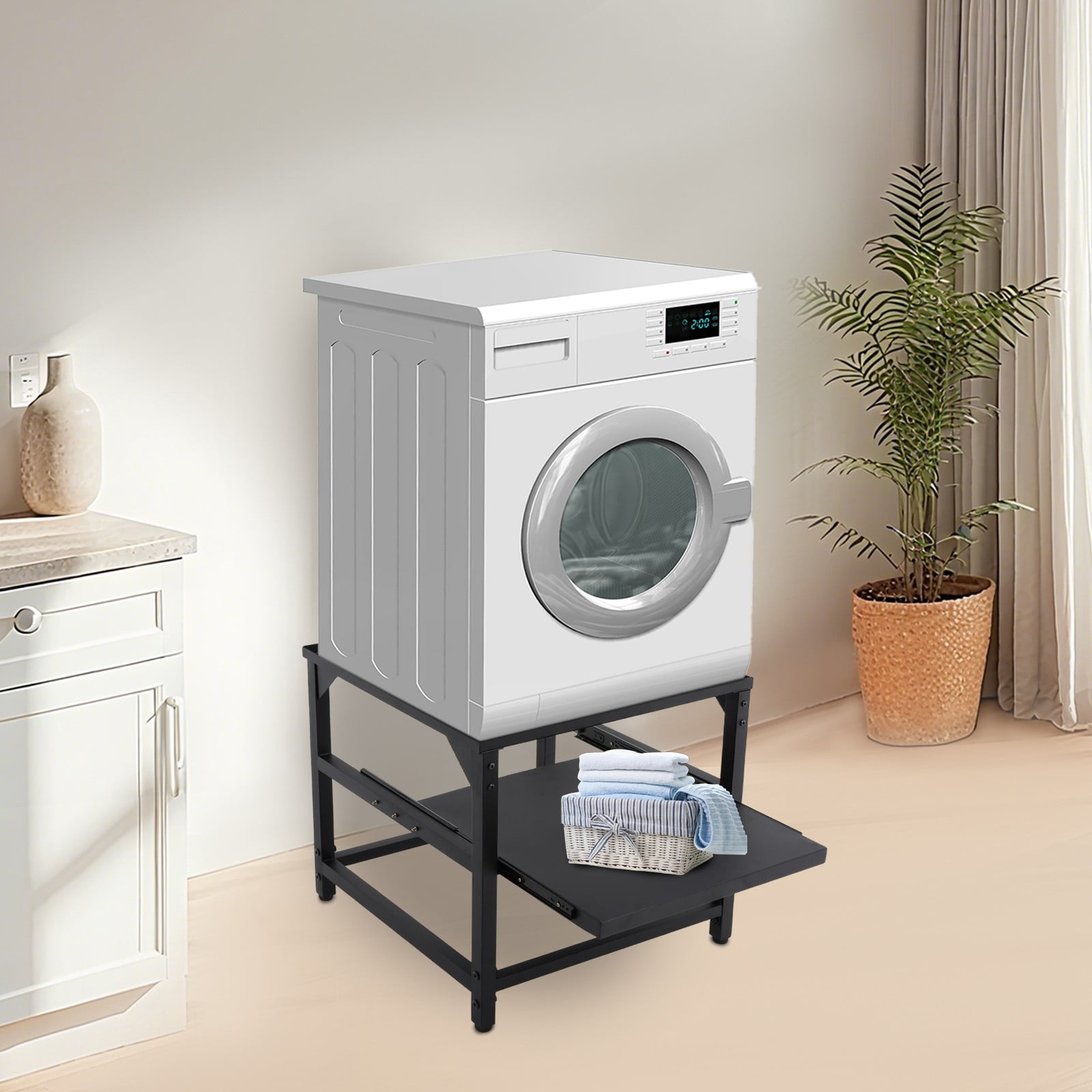 Modern Washing Machine Base Dryer Stand, Washing Machine Base with Shelf Black
