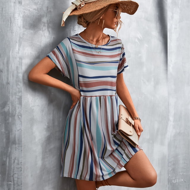 Robe d'Été, Simple Col Rond Type Lose Robe d'Été Décontractée Manches Courtes pour l'École Kaki M