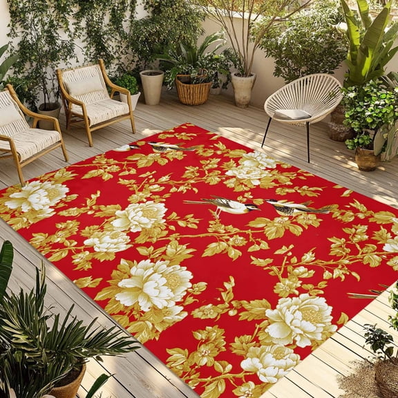 Fsddascl Yellow Red Flowers Outdoor Rug for Patio/Deck/Porch, Non-Slip Large Area Rug 5 x 8 Ft, Luxury Spring Floral Birds Indoor Outdoor Rugs Washable Area Rugs, Reversible Camping Rug Carpet