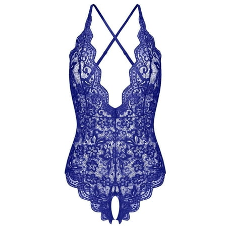 Women s Babydoll Lingerie Blue One Piece Sheer Lingerie for Women Sexy Romper for Women M