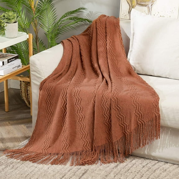 Knitted Boho Throw Blanket for Couch Textured Knit Terracotta Rust Blanket with Tassels Cozy Woven Farmhouse Blanket for Sofa Bed Chair Wave Pattern Fall Decor 50"x60", Orange