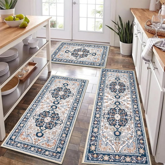 Kitchen Rug and Mat, Yamaziot Boho Kitchen Runner Rug Set of 3, Non Slip Washable Farmhouse Mat for Hallway Floor, Laundry Room