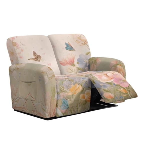 Jiueut Butterfly Flower Watercolor Print 6 Pcs Recliner Couch Covers, Breathable Reclining Chair Covers Stretch Sofa Slipcover wirh Storage Pockets for Dining Room