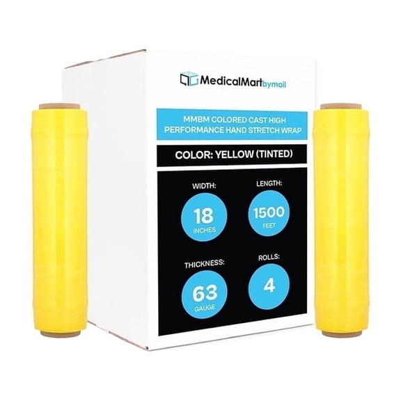 MMBM Yellow Tinted Stretch Wrap 18" x 1500' 4 Rolls 63 Gauge Hand Shrink Film for Pallet Wrapping and Shipping
