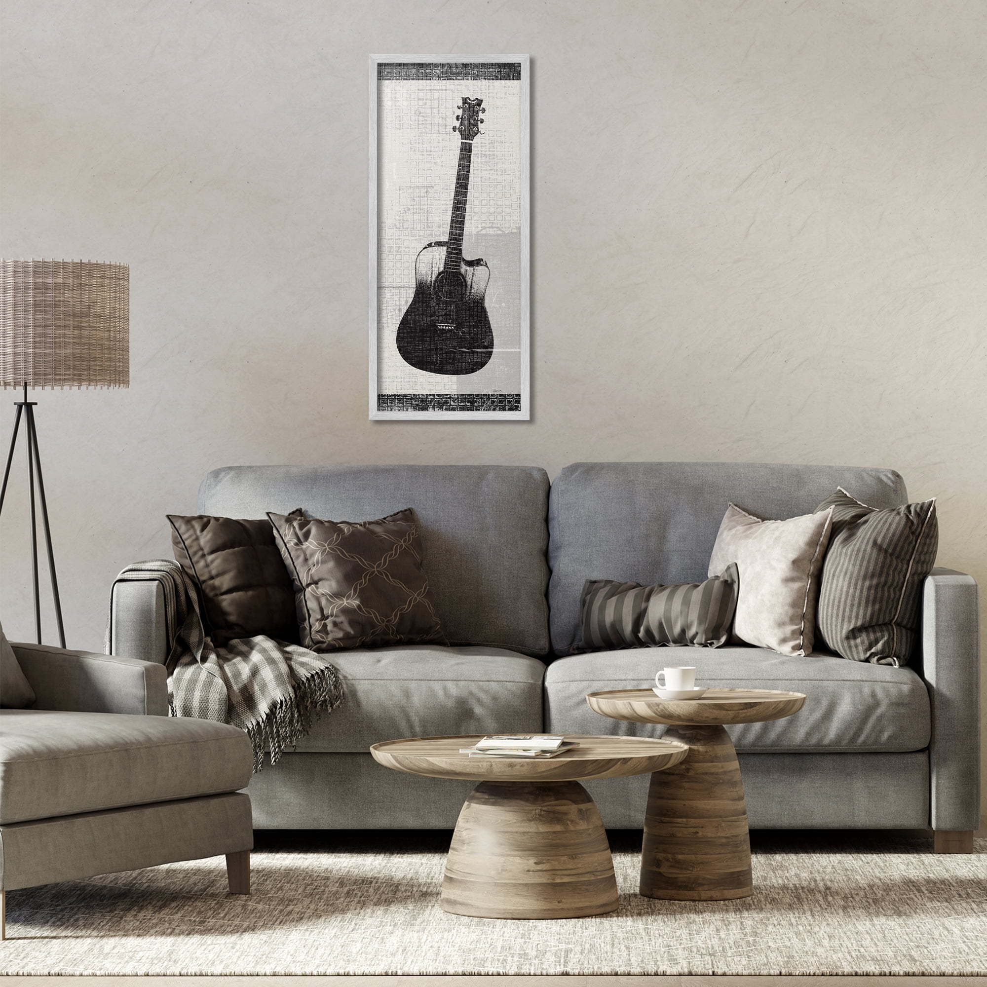 Stupell Industries Patterned Acoustic Guitar Performing Arts Painting Gray Framed Art Print Wall Art, 13 x 30
