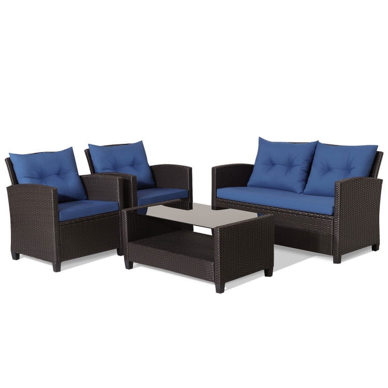 Aimee Lii 4 Pieces Wicker Patio Furniture Set with Tempered Glass Coffee Table, Wicker Outdoor Sectional, Navy Aimee Lii 4 Pieces Wicker Patio Furniture Set with Tempered Glass Coffee Table, Wicker Outdoor Sectional, Navy