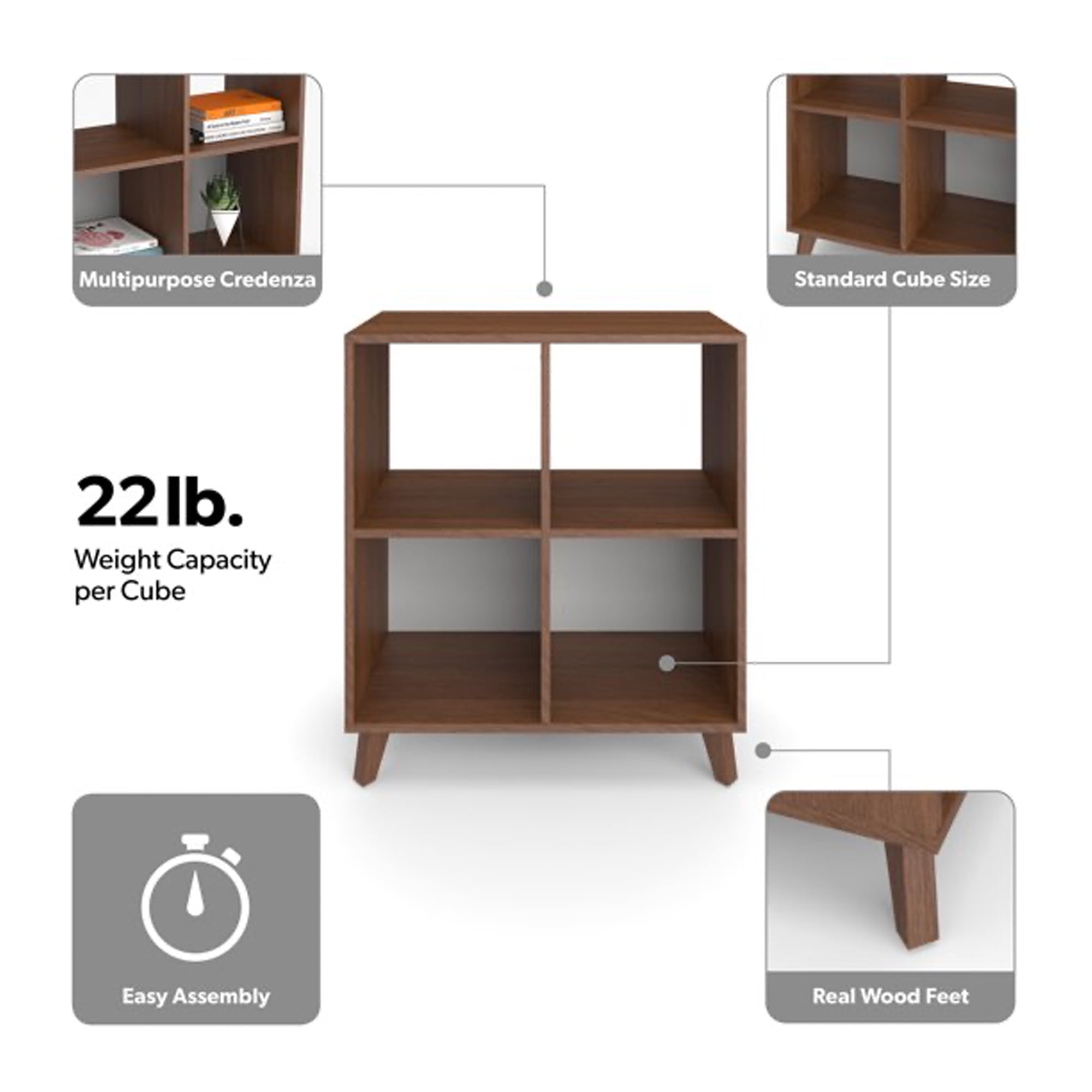 Hon Basyx 36 Inch Modern Wooden Cube Storage Bookcase, Medium Walnut