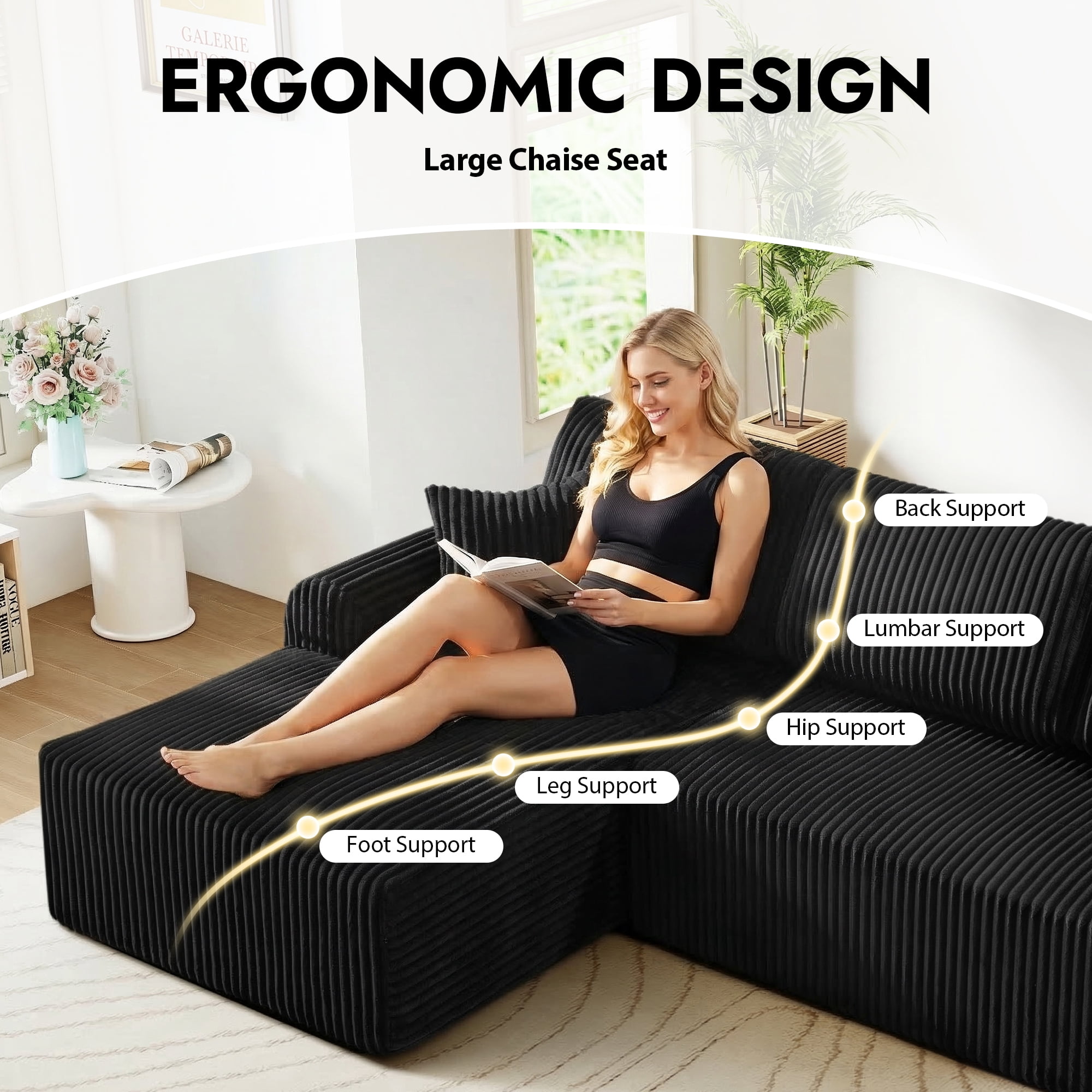 Aukfa 109" Modular Cloud Sectional Sofa with L-Shape Chaise, Corduroy Upholstered Deep Seat Couch, Left Facing Chaise, No Assembly Boneless Sofa for Living Room/Bedroom/Apartment, Black