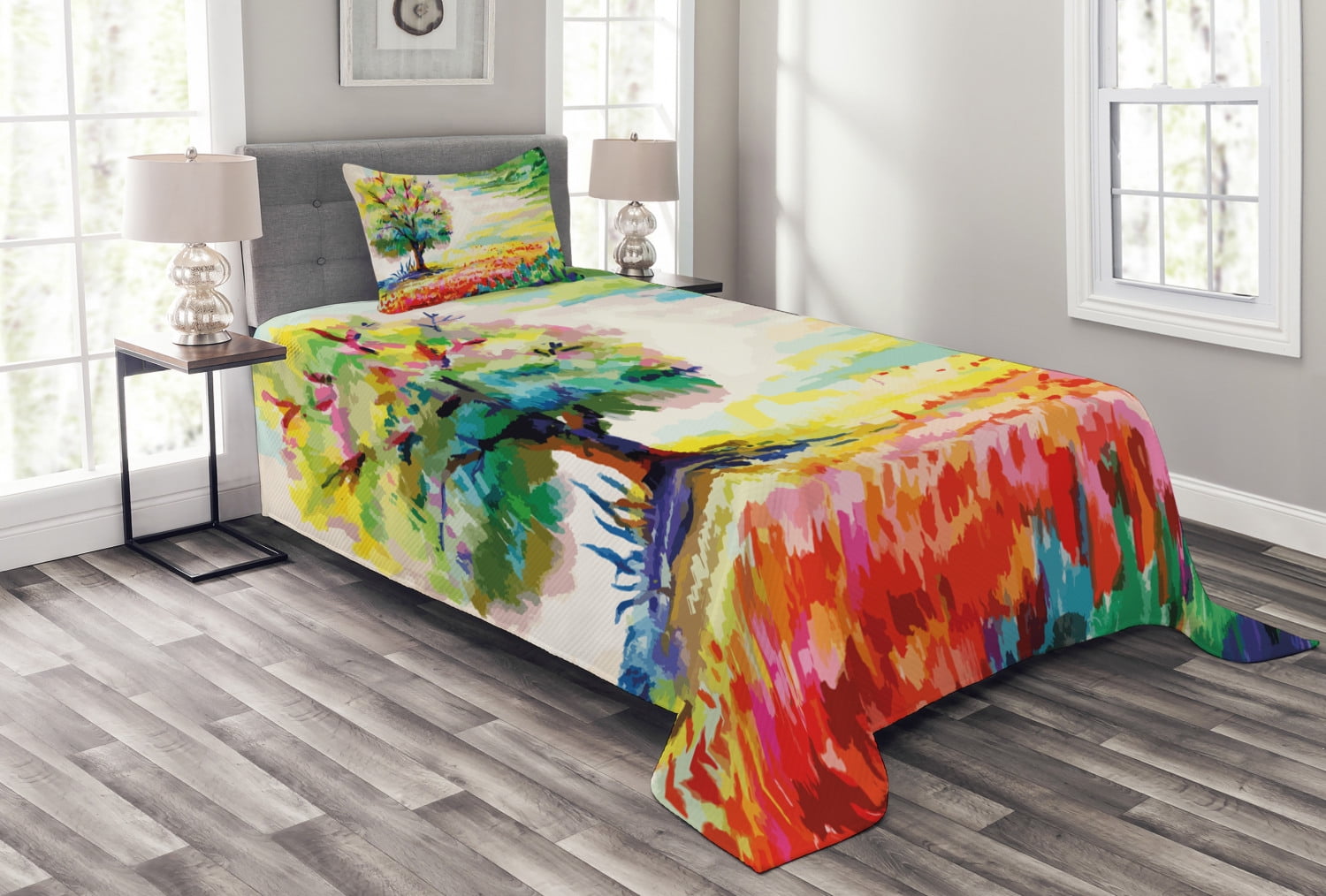 Nature Bedspread Set, Colorful Hand Drawn Flowers Grass and Trees