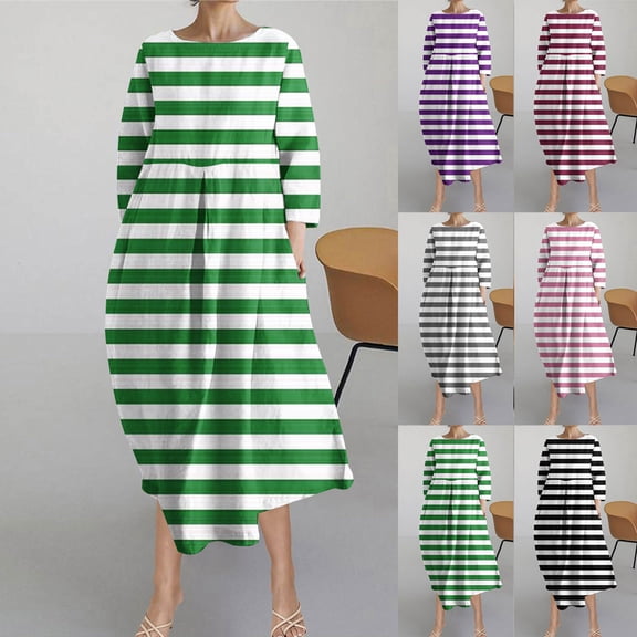 YHAJDS Women's Casual Dress,Women Midi Dresses Long Sleeve Dress Print Round Neck Mid Calf Length Dress Casual Fashionable Winter Long Sleeve Midi Dress Loose Comfortable