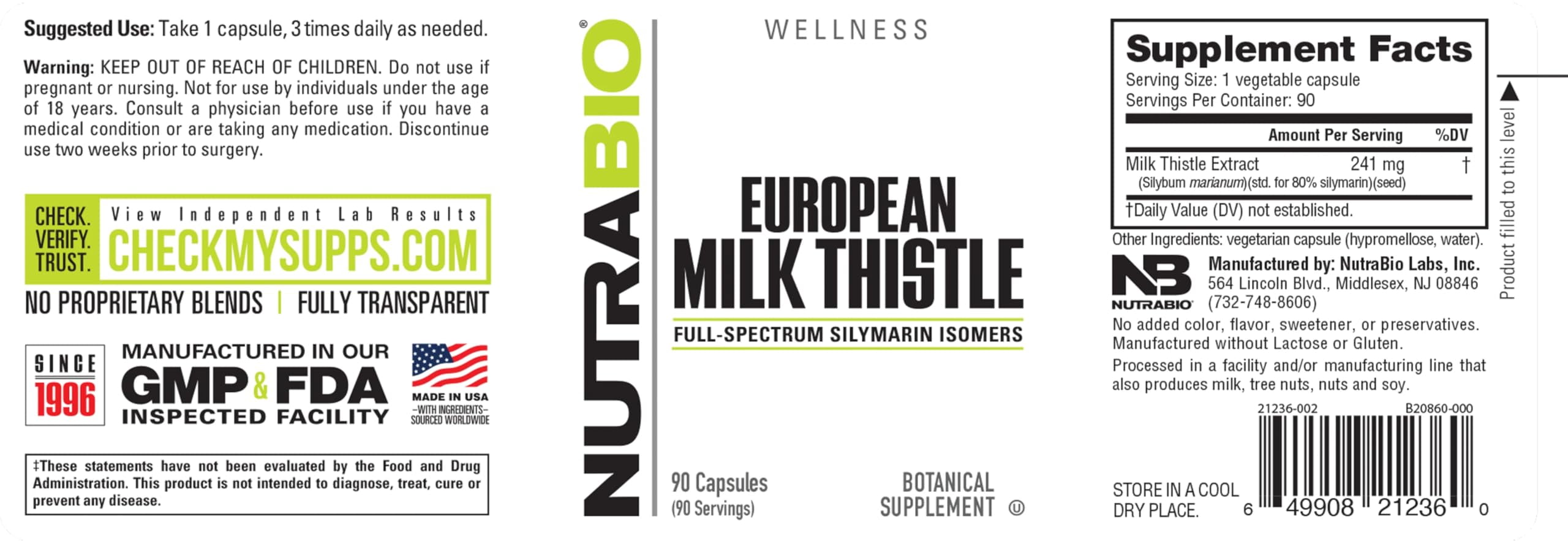 NutraBio European Milk Thistle Supplement, 241mg - Supports Antioxidant Benefits and Wellness, 90 Capsules, 80% Silymarin Extract, Herbal Supplement