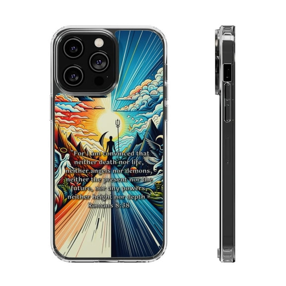 DistinctInk Hybrid (Acrylic / TPU) Clear Slim Fit Case for Apple iPhone 14 Pro (6.1" Screen) - Convinced: Defying Death and Embracing the Divine - Romans 8:38