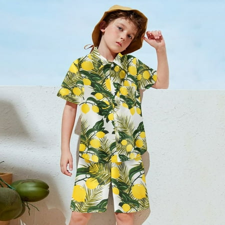 Baby Boy Outfits Beach Floral Print Lapel Short Sleeve Tops with Shorts 2 Pcs Boys&rsquo;Clothing Sets Army Green 6-7 Years